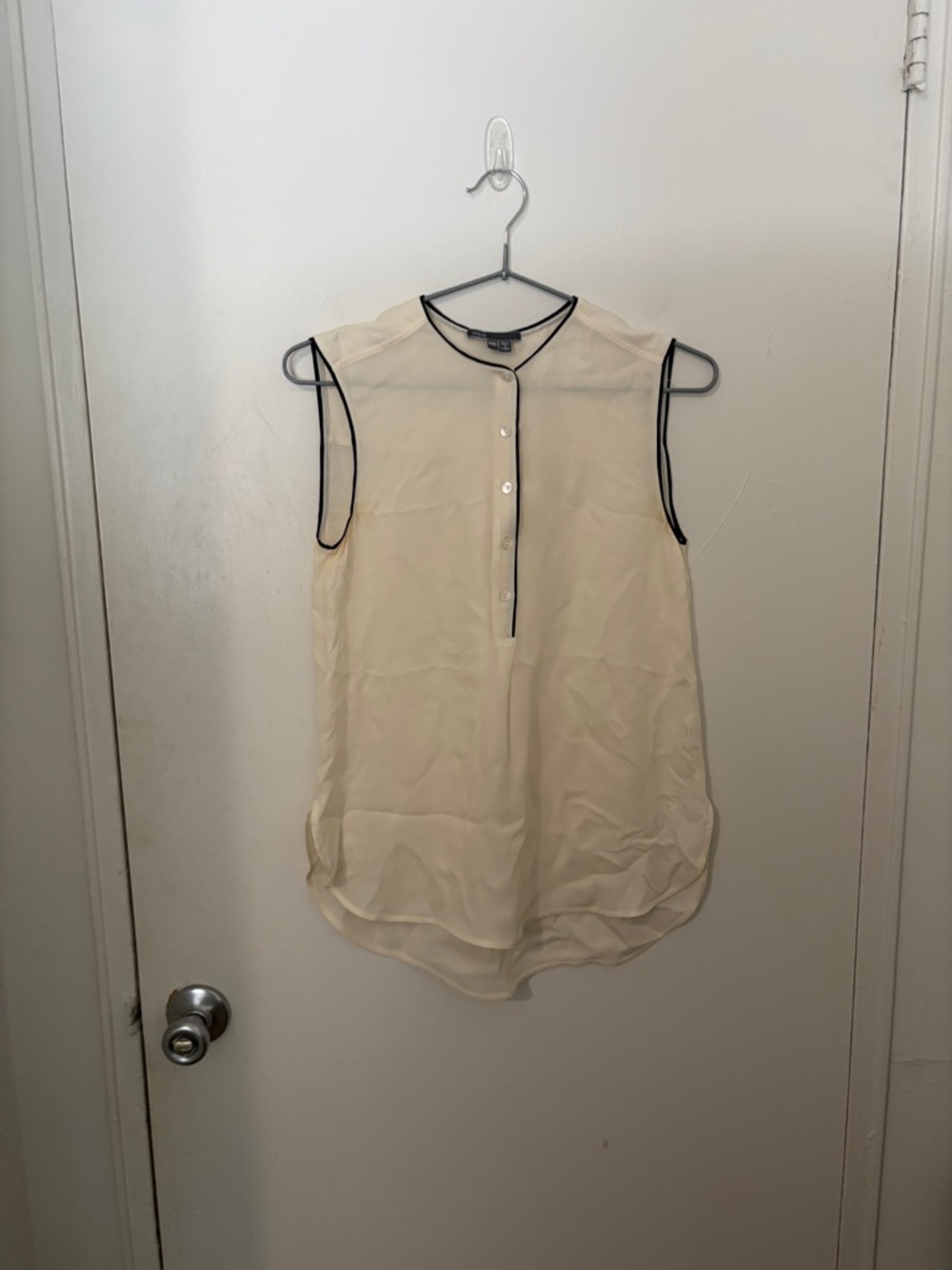 Vince Cream Sleeveless Blouse with Black Trim